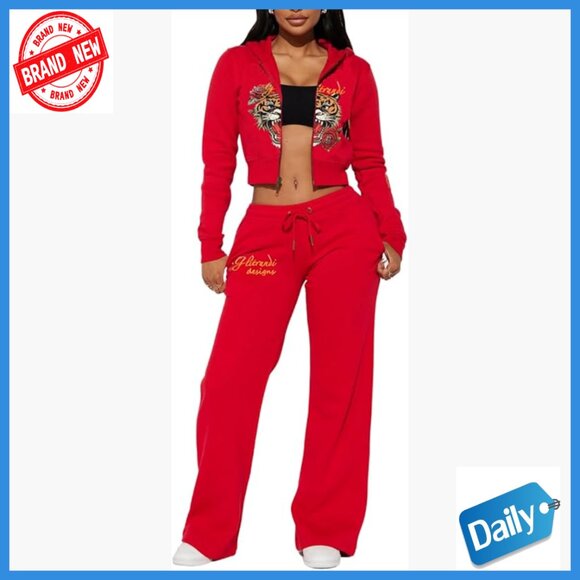 Cropped Hoodie Sweatpants Tracksuit Set Long Sleeve Pockets